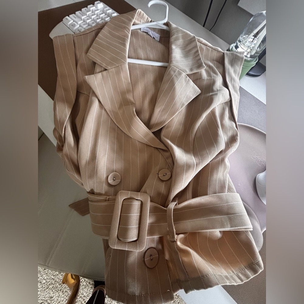 Tailored Pinstripe Belted Blouse Jacket - Beige